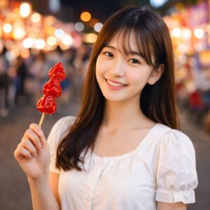 甜一口糖葫蘆|女子微笑手持草莓糖葫蘆,白色服裝