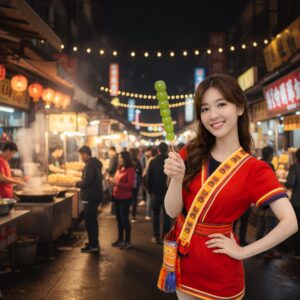 甜一口糖葫蘆｜女子於夜市燈籠街景手持葡萄糖葫蘆