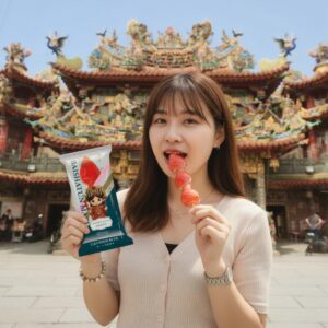 甜一口糖葫蘆|女子於白沙屯媽祖廟前品嚐草莓糖葫蘆